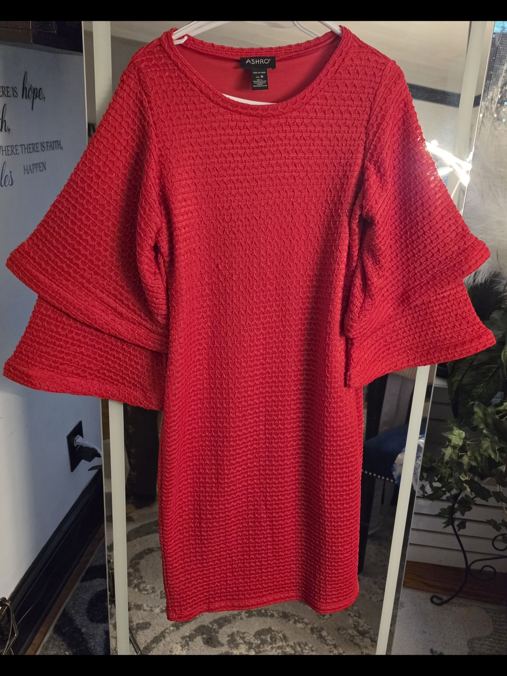 Ashro Red Textured Knit Dress with Tiered Bell Sleeves
